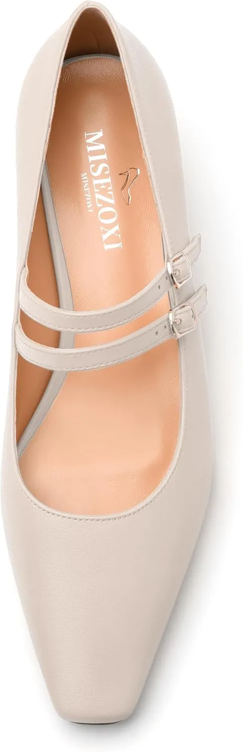 Womens Mary Jane Pumps, Small Square Toe Low Chunky Heel Pump Shoes for Women, Comfort Mary Jane Daily Pumps with Two Straps 1.3"