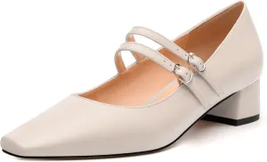 Womens Mary Jane Pumps, Small Square Toe Low Chunky Heel Pump Shoes for Women, Comfort Mary Jane Daily Pumps with Two Straps 1.3"