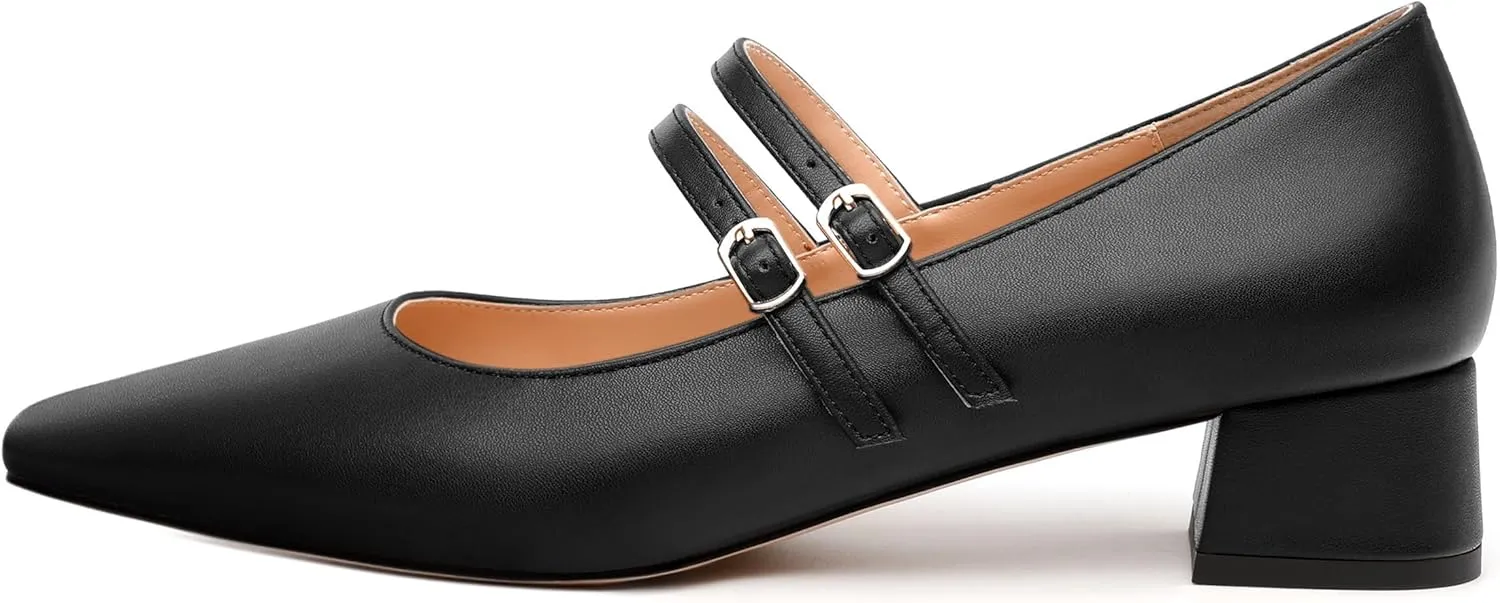 Womens Mary Jane Pumps, Small Square Toe Low Chunky Heel Pump Shoes for Women, Comfort Mary Jane Daily Pumps with Two Straps 1.3"