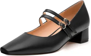Womens Mary Jane Pumps, Small Square Toe Low Chunky Heel Pump Shoes for Women, Comfort Mary Jane Daily Pumps with Two Straps 1.3"