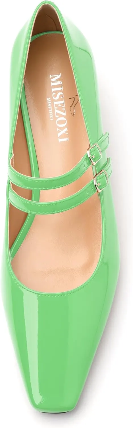 Womens Mary Jane Pumps, Square Toe Low Block Heel Pump Shoes for Women, Daily Comfort Mary Jane Pumps with Two Straps 1.3"