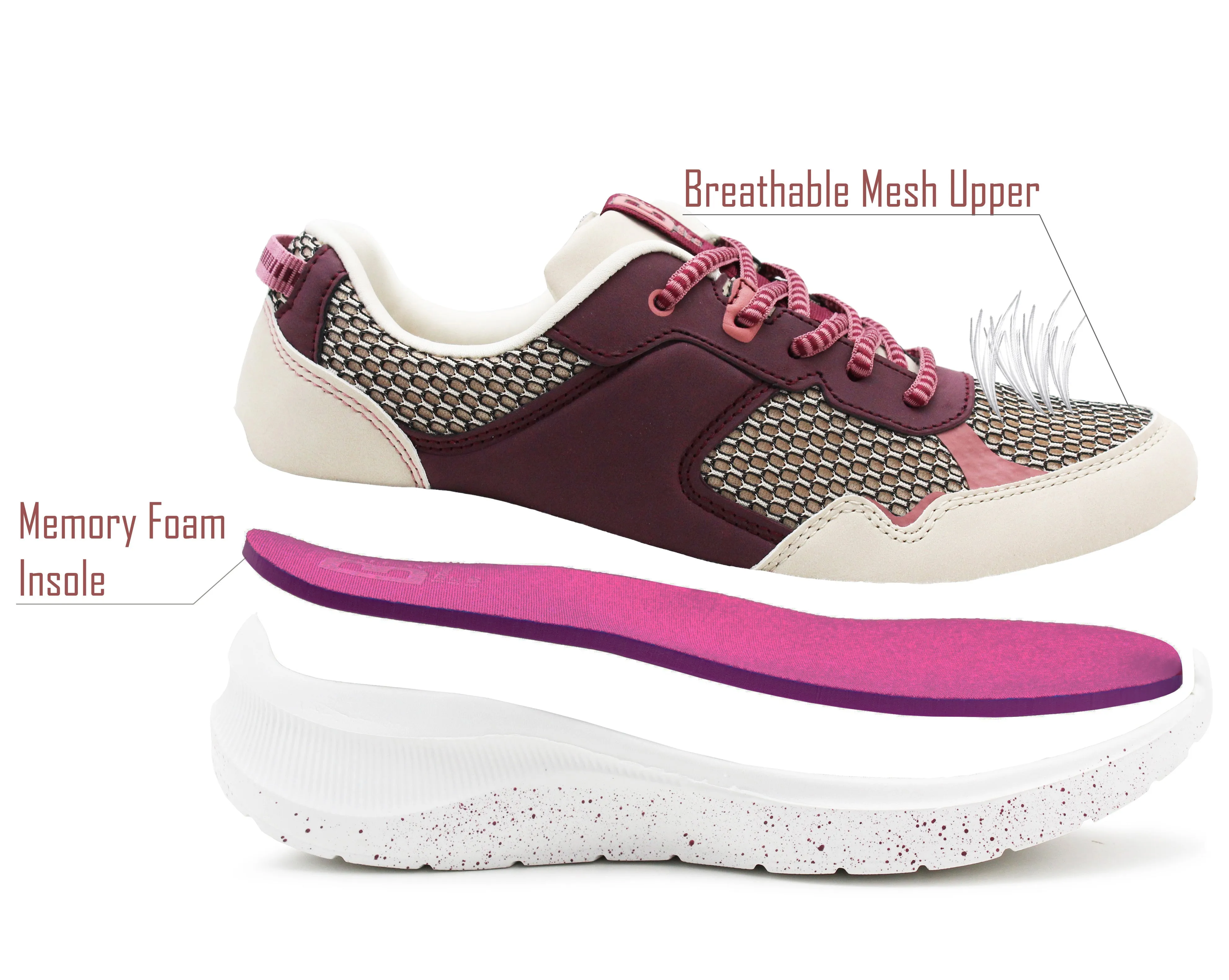 Womens Memory Foam Trainers Beige Purple Lace Up Lightweight Breathable Sneakers Fitness Running Fashion Trainers