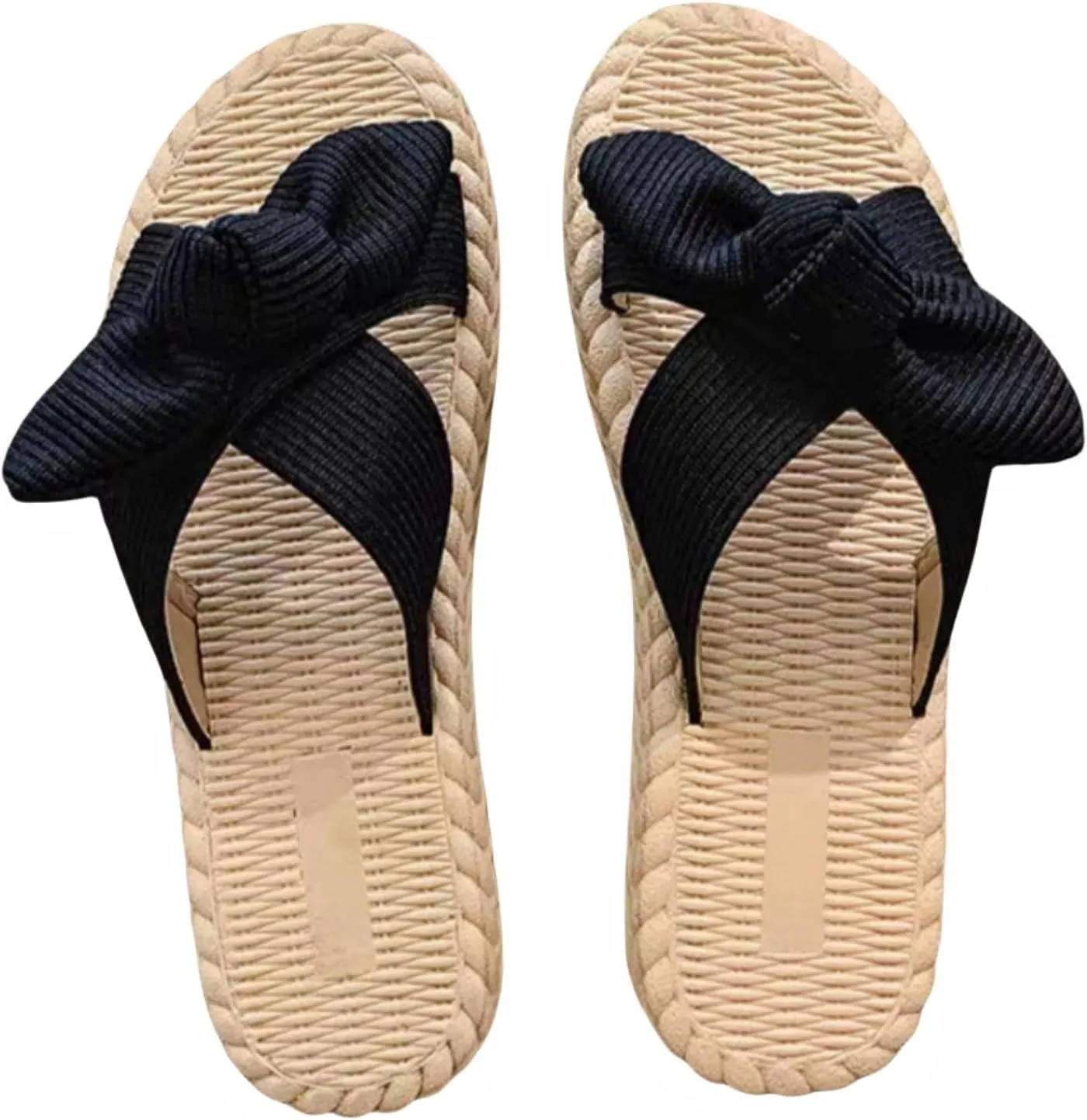 Women's Open Toe Slide Slippers with Cute Bow, Summer Crossband Linen Sandal Slippers, Slip-on House Shoes