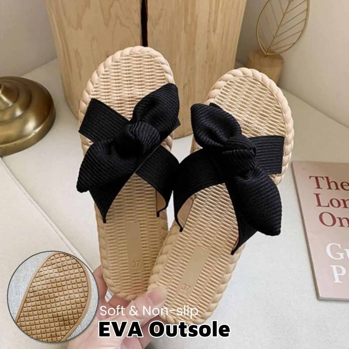 Women's Open Toe Slide Slippers with Cute Bow, Summer Crossband Linen Sandal Slippers, Slip-on House Shoes