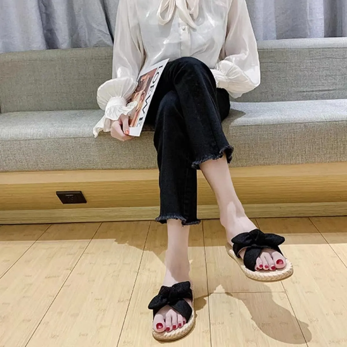 Women's Open Toe Slide Slippers with Cute Bow, Summer Crossband Linen Sandal Slippers, Slip-on House Shoes