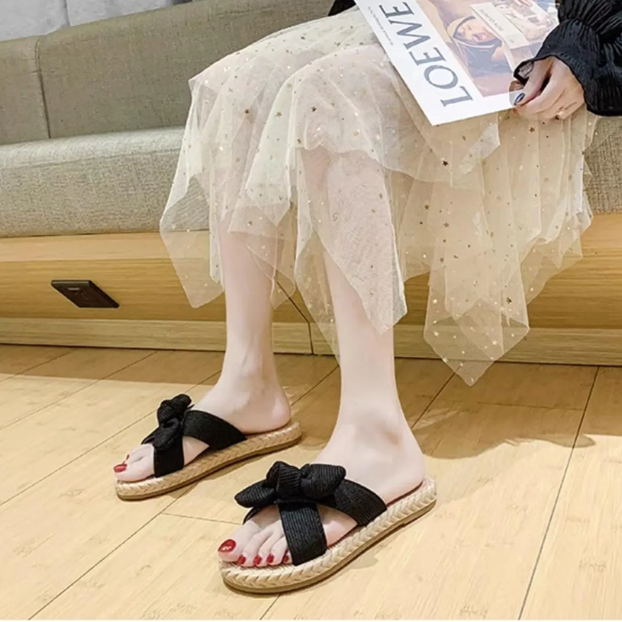 Women's Open Toe Slide Slippers with Cute Bow, Summer Crossband Linen Sandal Slippers, Slip-on House Shoes