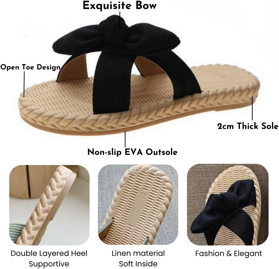Women's Open Toe Slide Slippers with Cute Bow, Summer Crossband Linen Sandal Slippers, Slip-on House Shoes