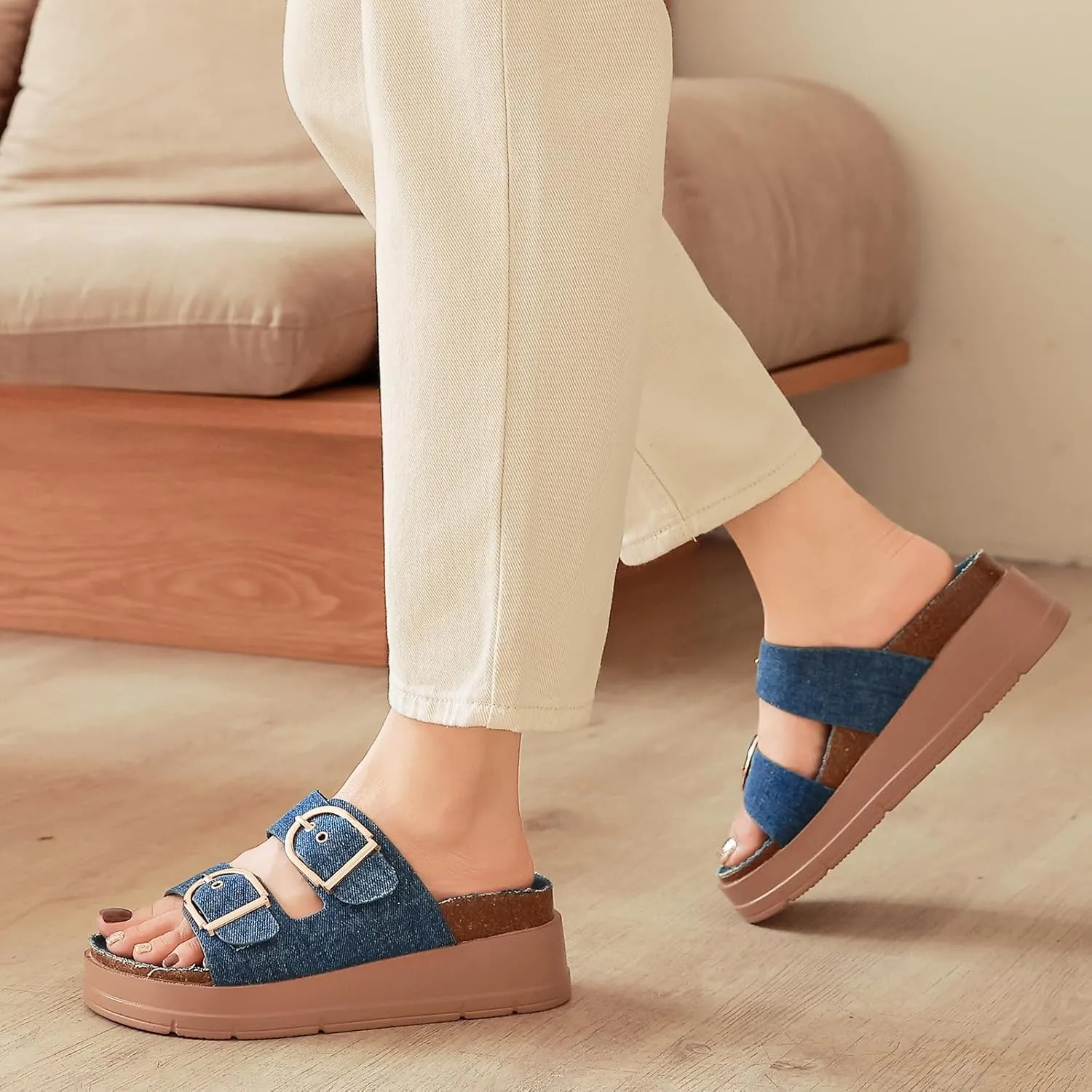 Womens Platform Sandals Cork Footbed with Comfort Double Buckles,Slip on Platform Slides Summer Beach Wide Widths Sandal Shoes