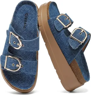 Womens Platform Sandals Cork Footbed with Comfort Double Buckles,Slip on Platform Slides Summer Beach Wide Widths Sandal Shoes