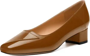 Womens Pumps, Low Chunky Block Heels for Women, Square Toe Womens Dress Shoes for Party and Office, Patent Dress Pumps