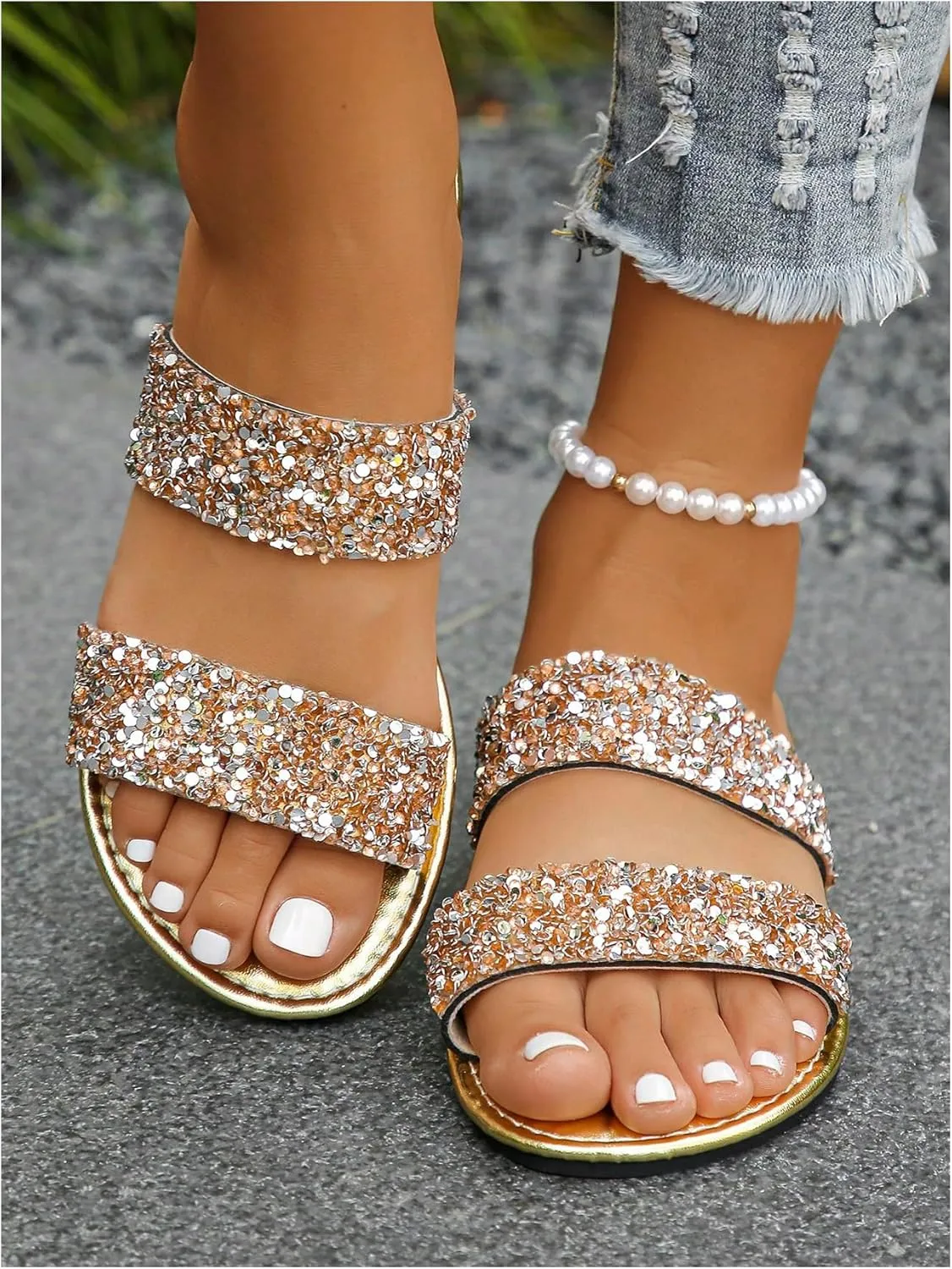 Women's Rhinestone Flat Sandal Sparkly Slip on Open Toe Slide Slippers Wedding Sandals