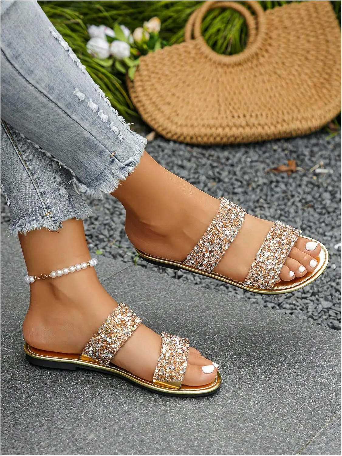 Women's Rhinestone Flat Sandal Sparkly Slip on Open Toe Slide Slippers Wedding Sandals