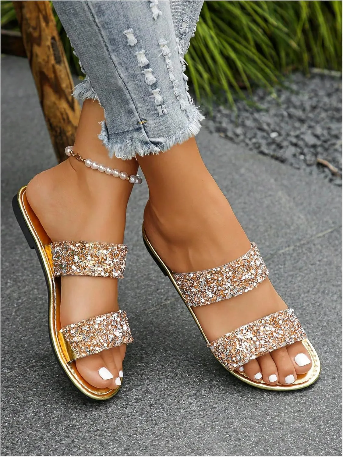 Women's Rhinestone Flat Sandal Sparkly Slip on Open Toe Slide Slippers Wedding Sandals