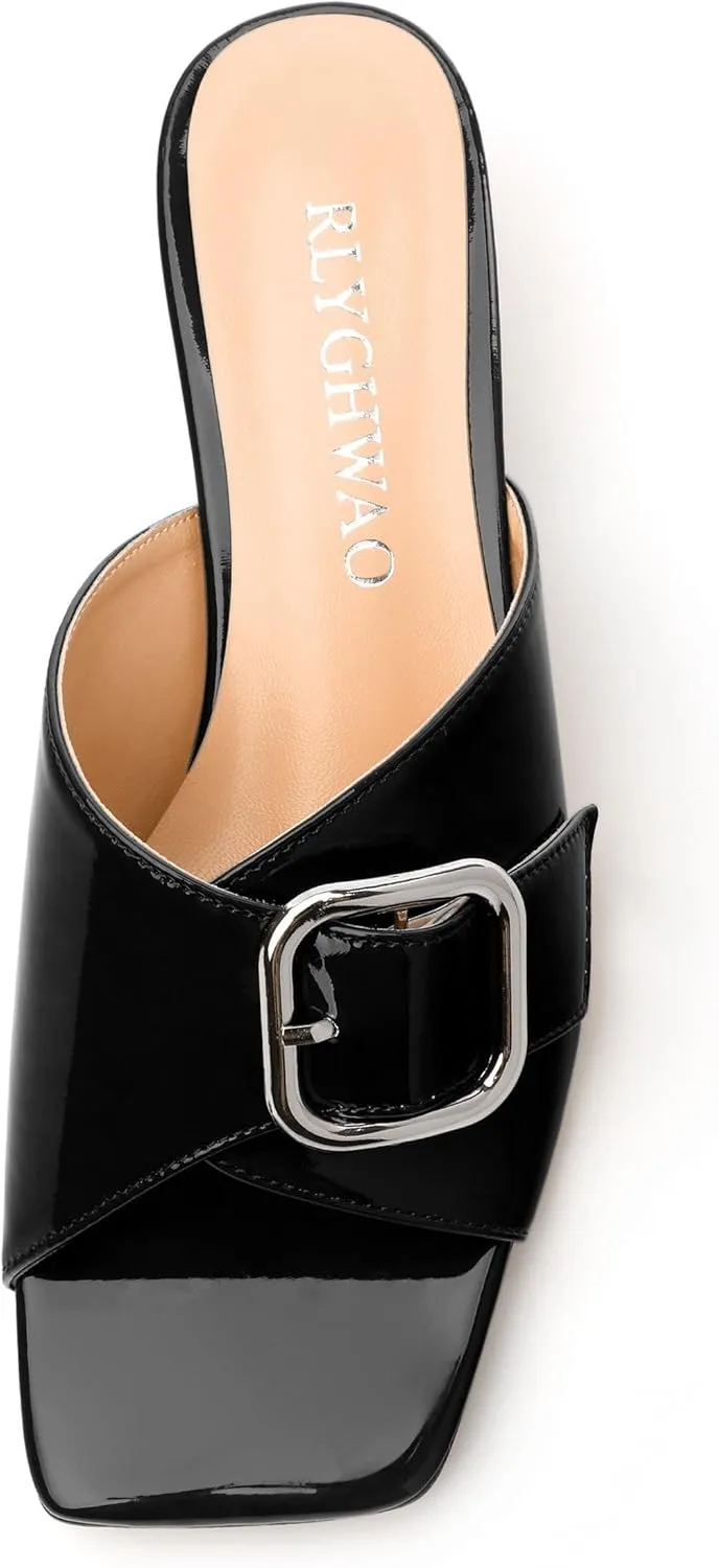 Women's Sandals, Square Open Toe Kitten Low Heels Slide Sandal, Fashion Solid Patent Mules Sandals