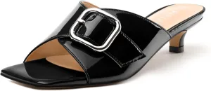 Women's Sandals, Square Open Toe Kitten Low Heels Slide Sandal, Fashion Solid Patent Mules Sandals