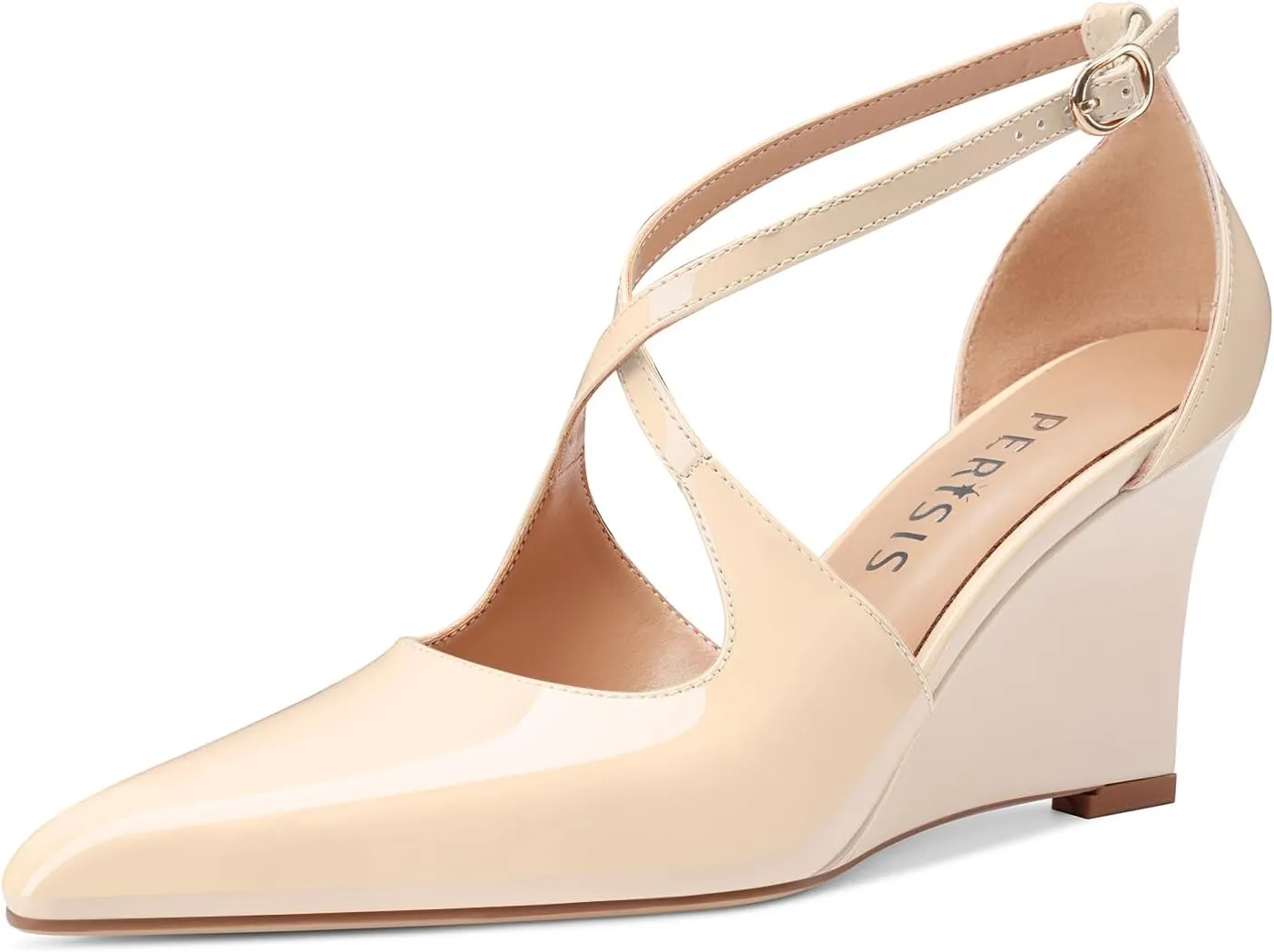Women's Sexy Wedge Heels Pointed Close Toed Patent Leather Pumps Cross Strappy Wedges Pointy Pump Ankle Strap Buckle Comfortable Wedding Dressy Shoes