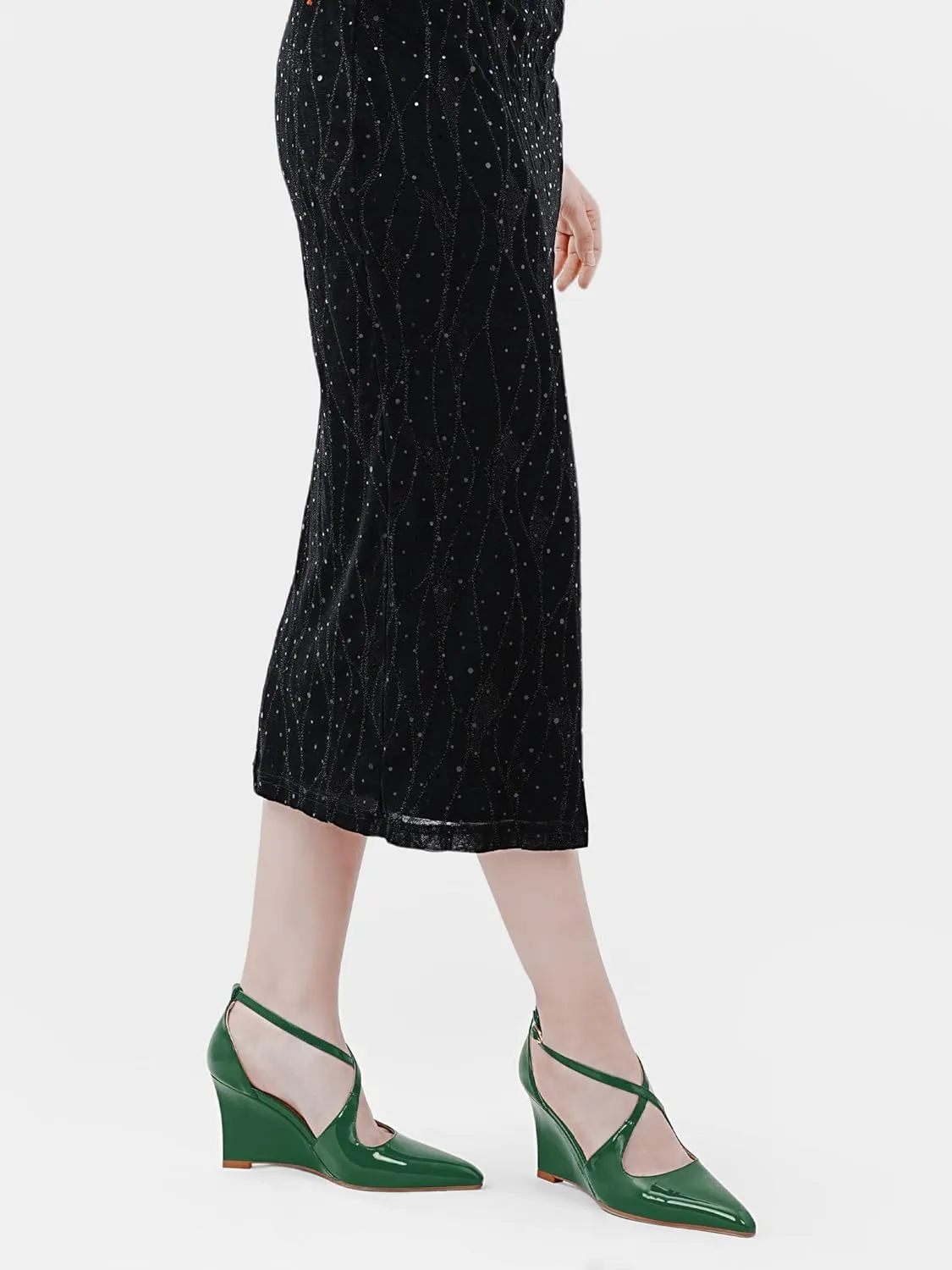 Women's Sexy Wedge Heels Pointed Close Toed Patent Leather Pumps Cross Strappy Wedges Pointy Pump Ankle Strap Buckle Comfortable Wedding Dressy Shoes