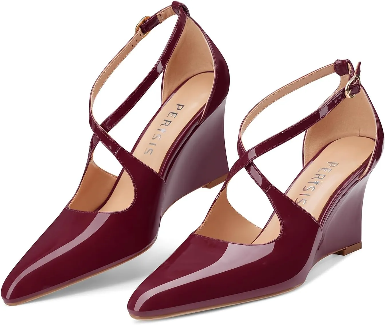 Women's Sexy Wedge Heels Pointed Close Toed Patent Leather Pumps Cross Strappy Wedges Pointy Pump Ankle Strap Buckle Comfortable Wedding Dressy Shoes