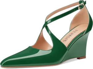 Women's Sexy Wedge Heels Pointed Close Toed Patent Leather Pumps Cross Strappy Wedges Pointy Pump Ankle Strap Buckle Comfortable Wedding Dressy Shoes