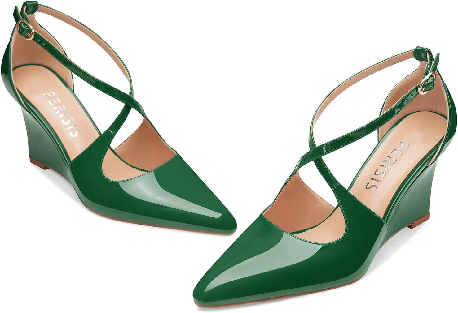 Women's Sexy Wedge Heels Pointed Close Toed Patent Leather Pumps Cross Strappy Wedges Pointy Pump Ankle Strap Buckle Comfortable Wedding Dressy Shoes