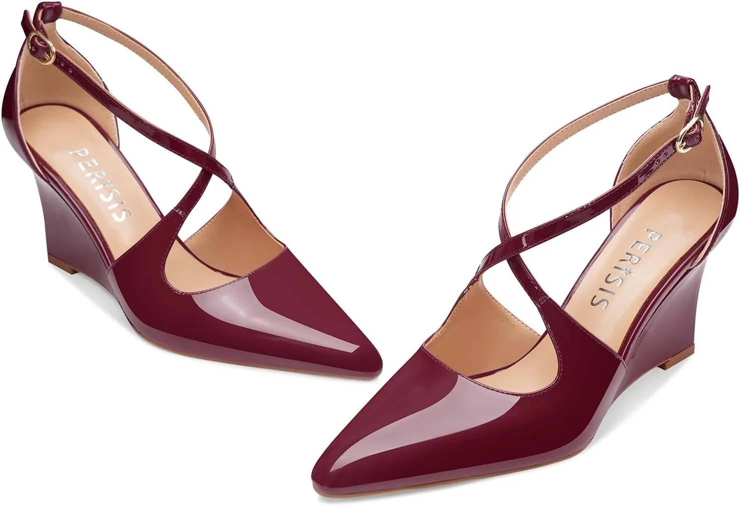 Women's Sexy Wedge Heels Pointed Close Toed Patent Leather Pumps Cross Strappy Wedges Pointy Pump Ankle Strap Buckle Comfortable Wedding Dressy Shoes