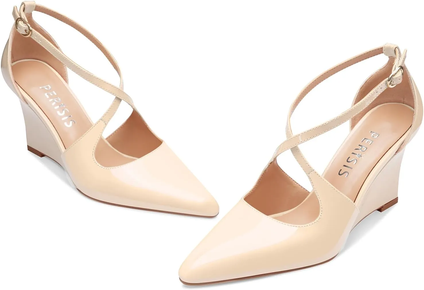 Women's Sexy Wedge Heels Pointed Close Toed Patent Leather Pumps Cross Strappy Wedges Pointy Pump Ankle Strap Buckle Comfortable Wedding Dressy Shoes