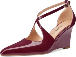 Women's Sexy Wedge Heels Pointed Close Toed Patent Leather Pumps Cross Strappy Wedges Pointy Pump Ankle Strap Buckle Comfortable Wedding Dressy Shoes
