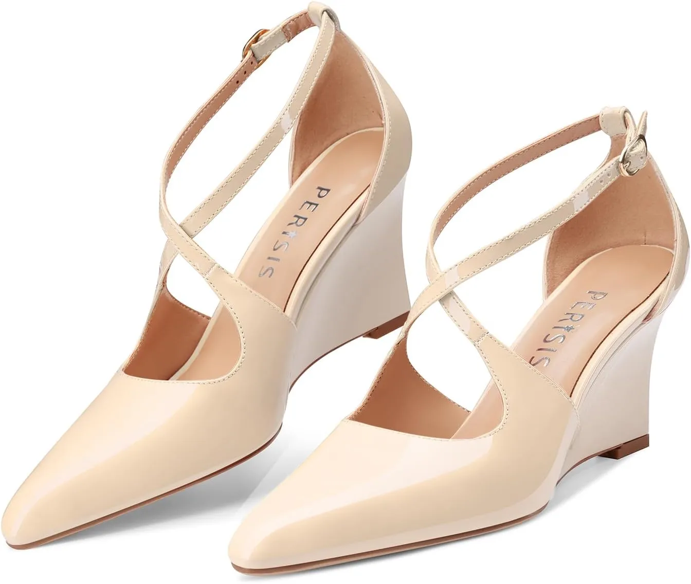 Women's Sexy Wedge Heels Pointed Close Toed Patent Leather Pumps Cross Strappy Wedges Pointy Pump Ankle Strap Buckle Comfortable Wedding Dressy Shoes