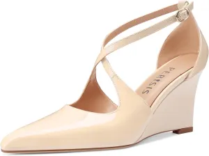 Women's Sexy Wedge Heels Pointed Close Toed Patent Leather Pumps Cross Strappy Wedges Pointy Pump Ankle Strap Buckle Comfortable Wedding Dressy Shoes