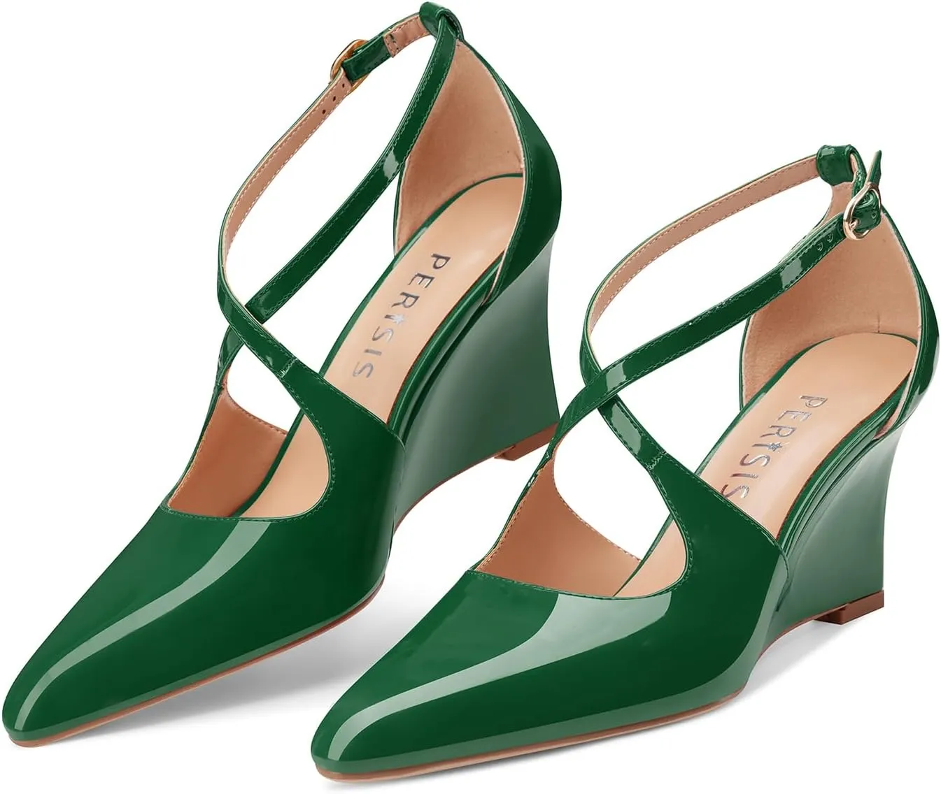 Women's Sexy Wedge Heels Pointed Close Toed Patent Leather Pumps Cross Strappy Wedges Pointy Pump Ankle Strap Buckle Comfortable Wedding Dressy Shoes