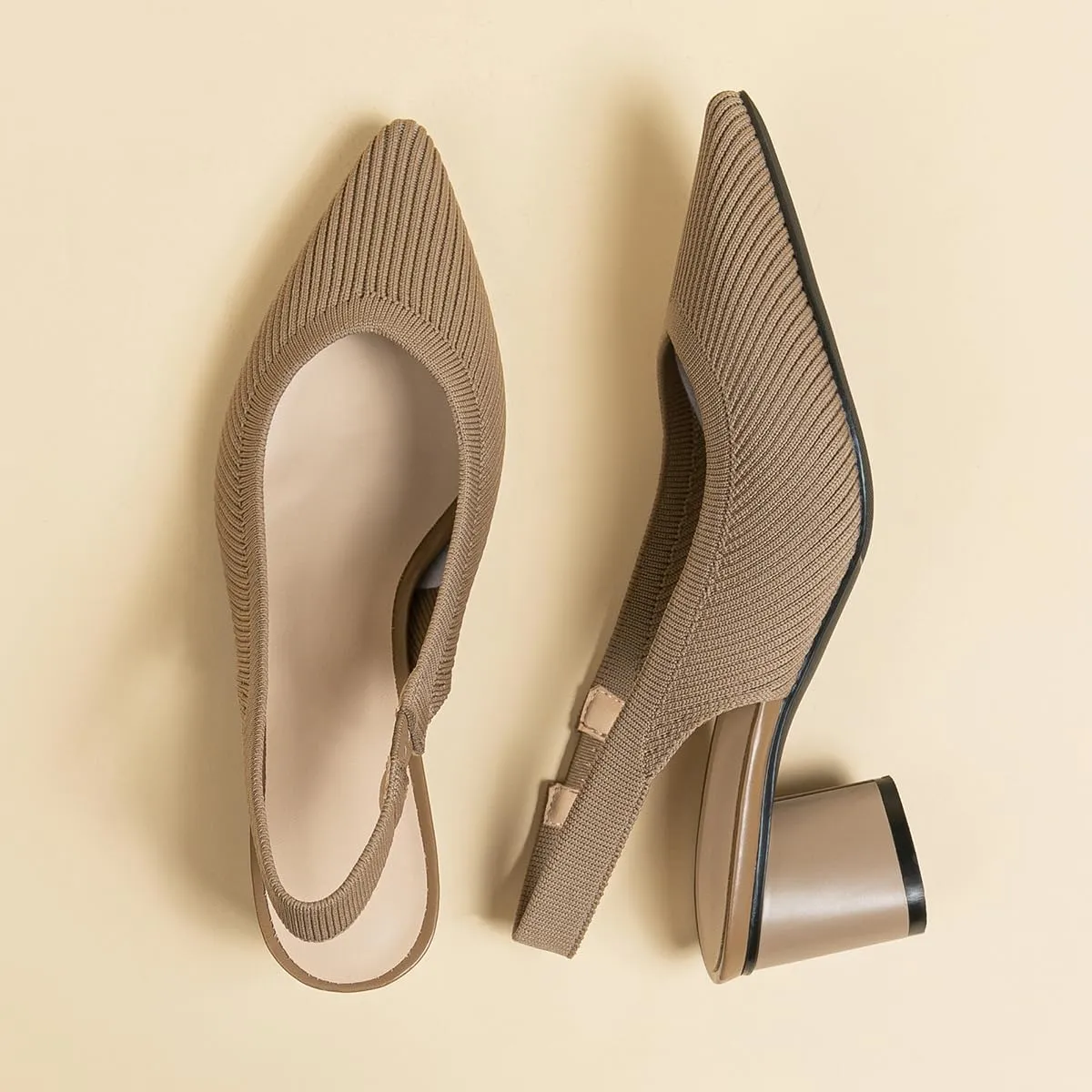 Women's Slingback Knitted Pointed Toe Pumps Comfortable Elastic Band Chunky Heels Pumps