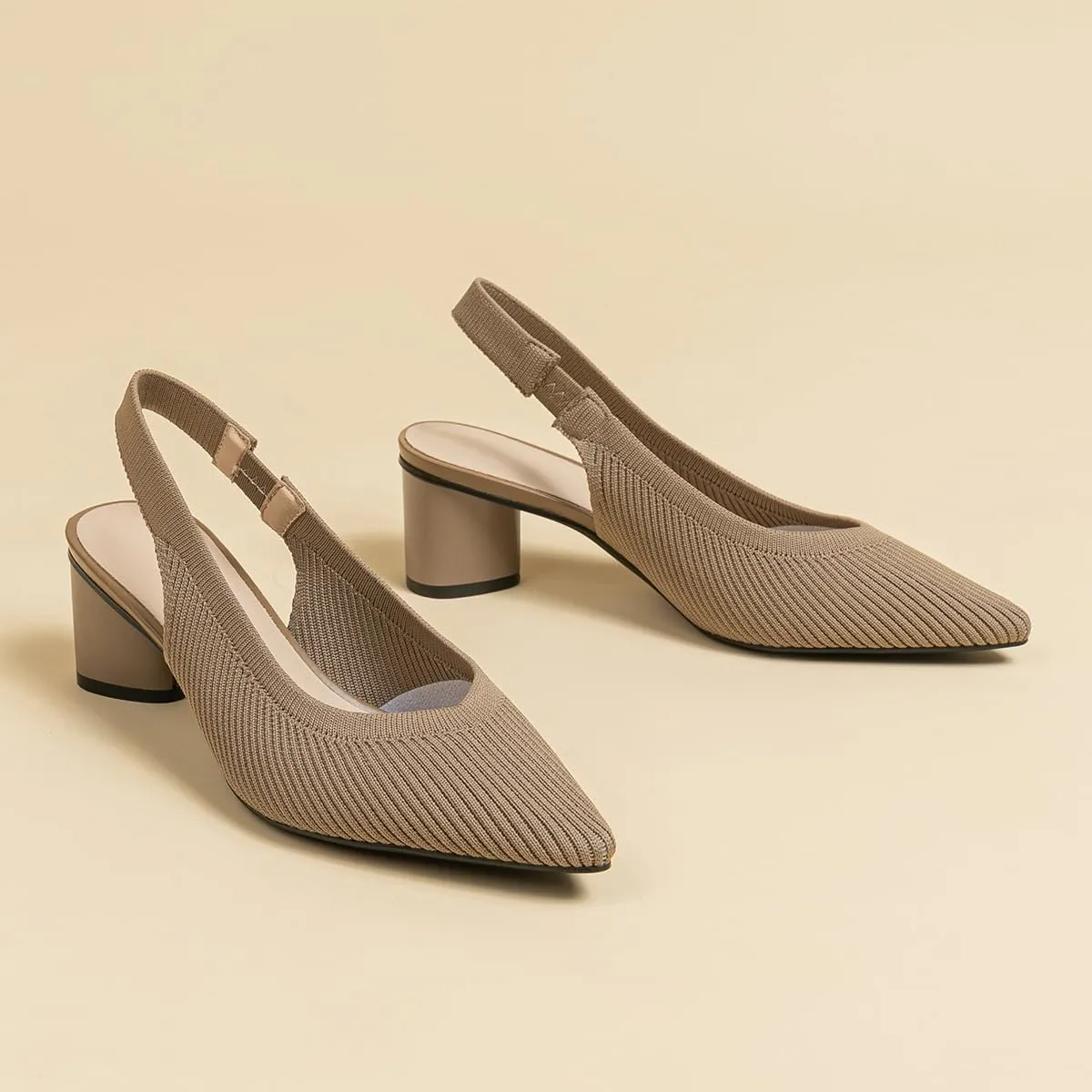 Women's Slingback Knitted Pointed Toe Pumps Comfortable Elastic Band Chunky Heels Pumps