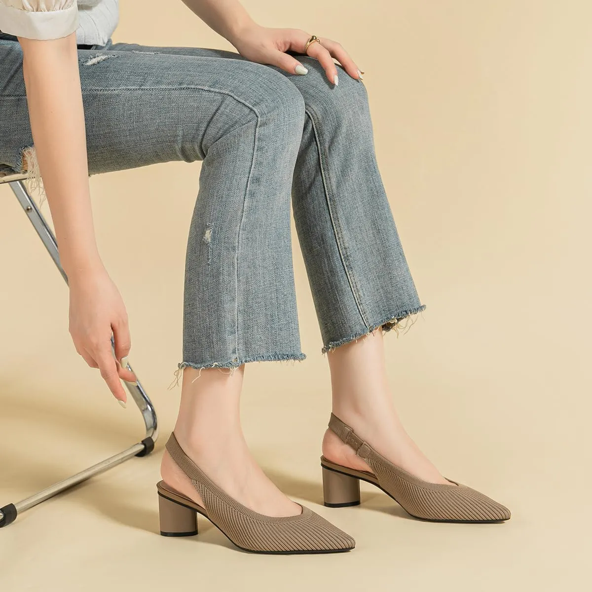 Women's Slingback Knitted Pointed Toe Pumps Comfortable Elastic Band Chunky Heels Pumps