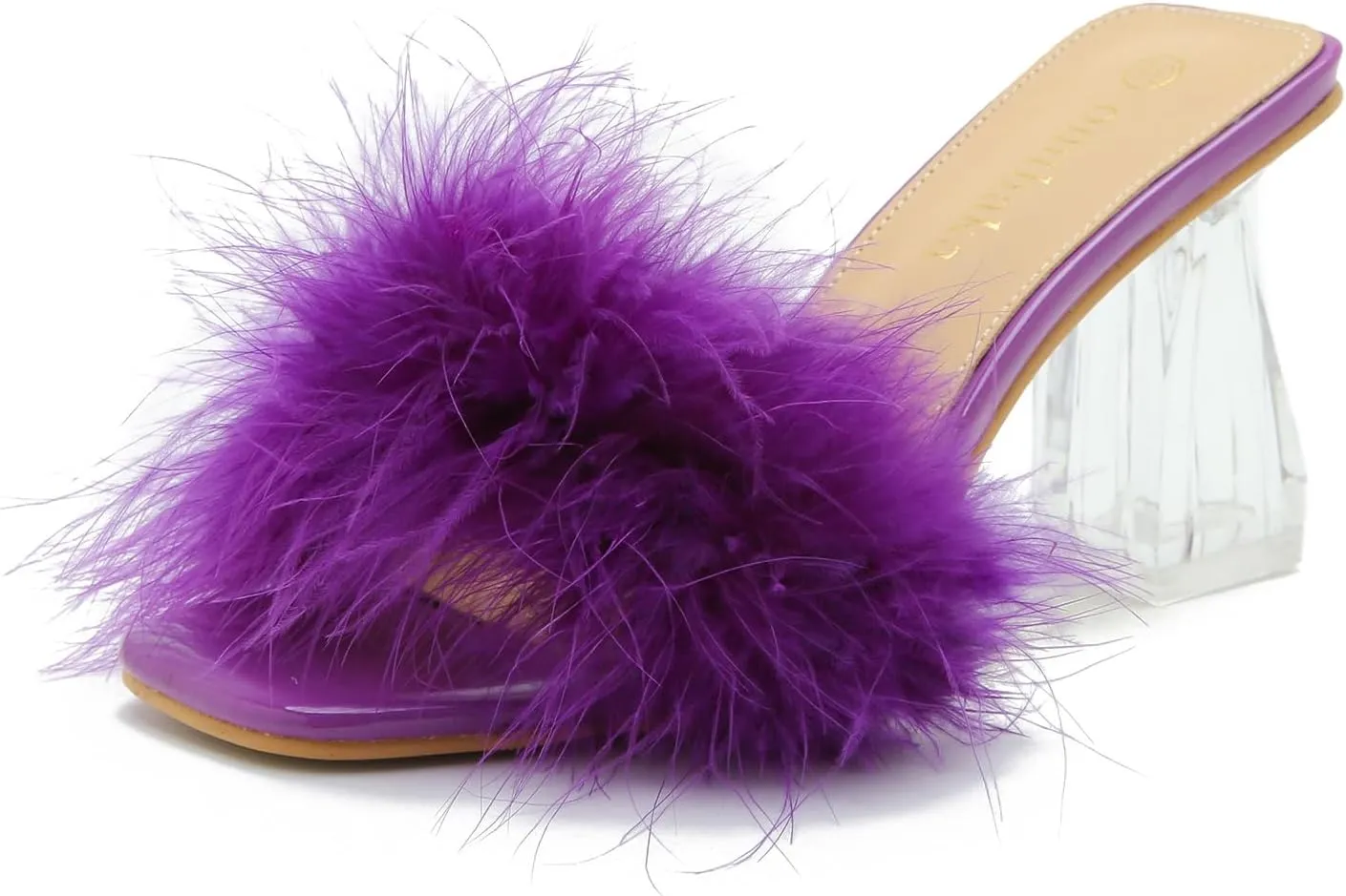 Women's Square Toe Fluffy Slippers Clear Heels Feather Chunky Block High Heeled Mules Slip on Wedding Bride Party Sandals