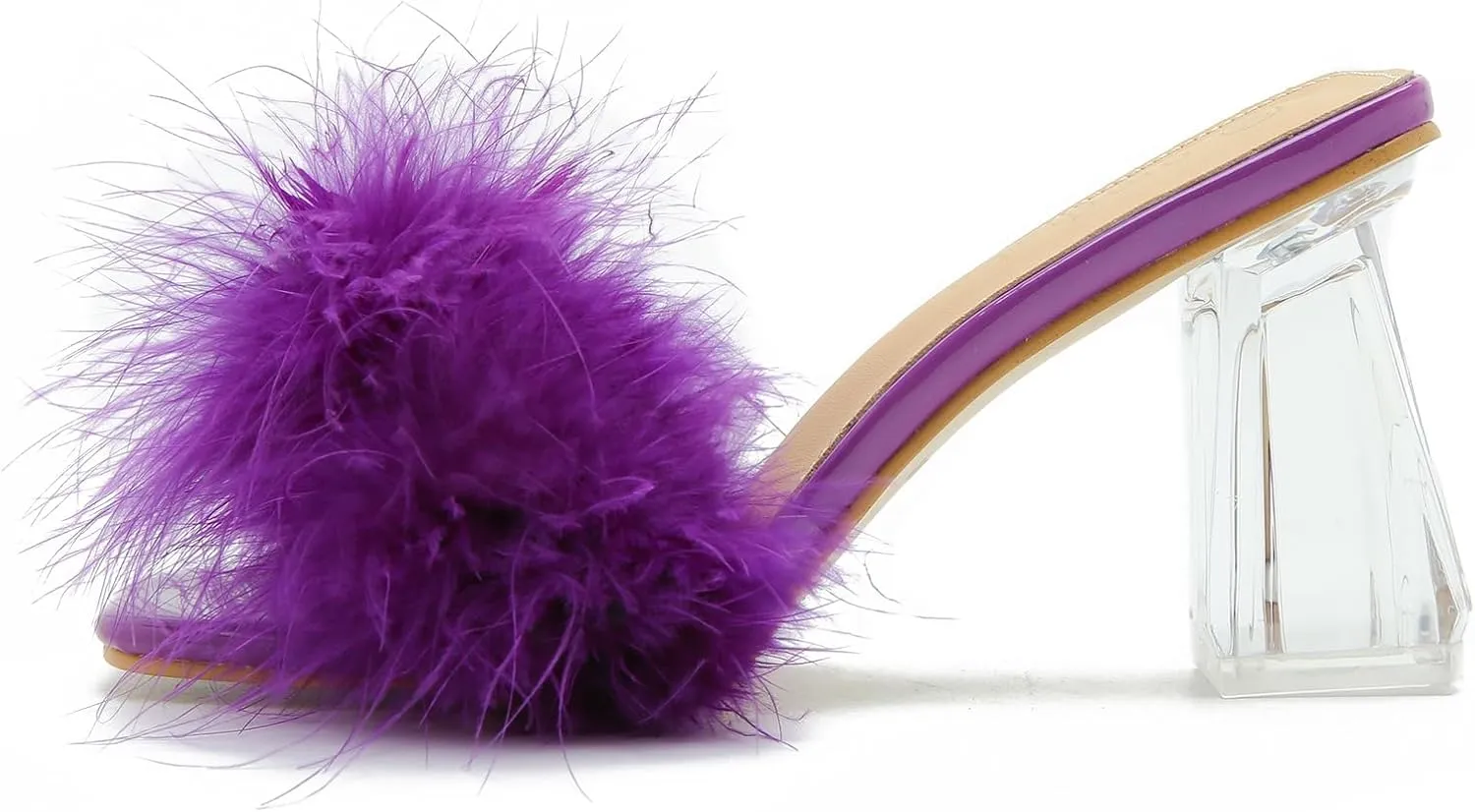 Women's Square Toe Fluffy Slippers Clear Heels Feather Chunky Block High Heeled Mules Slip on Wedding Bride Party Sandals