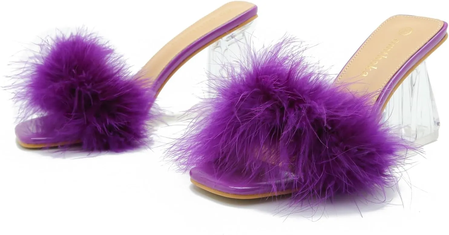Women's Square Toe Fluffy Slippers Clear Heels Feather Chunky Block High Heeled Mules Slip on Wedding Bride Party Sandals