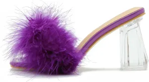 Women's Square Toe Fluffy Slippers Clear Heels Feather Chunky Block High Heeled Mules Slip on Wedding Bride Party Sandals
