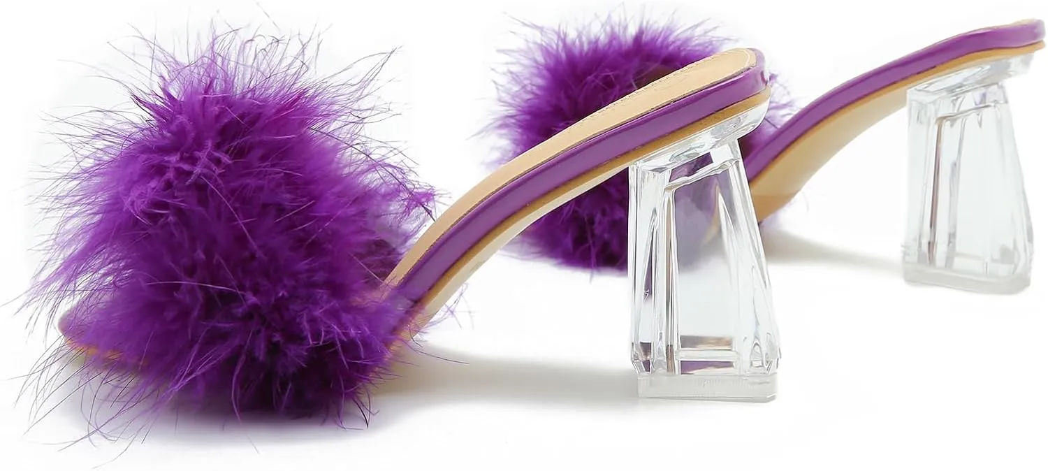 Women's Square Toe Fluffy Slippers Clear Heels Feather Chunky Block High Heeled Mules Slip on Wedding Bride Party Sandals