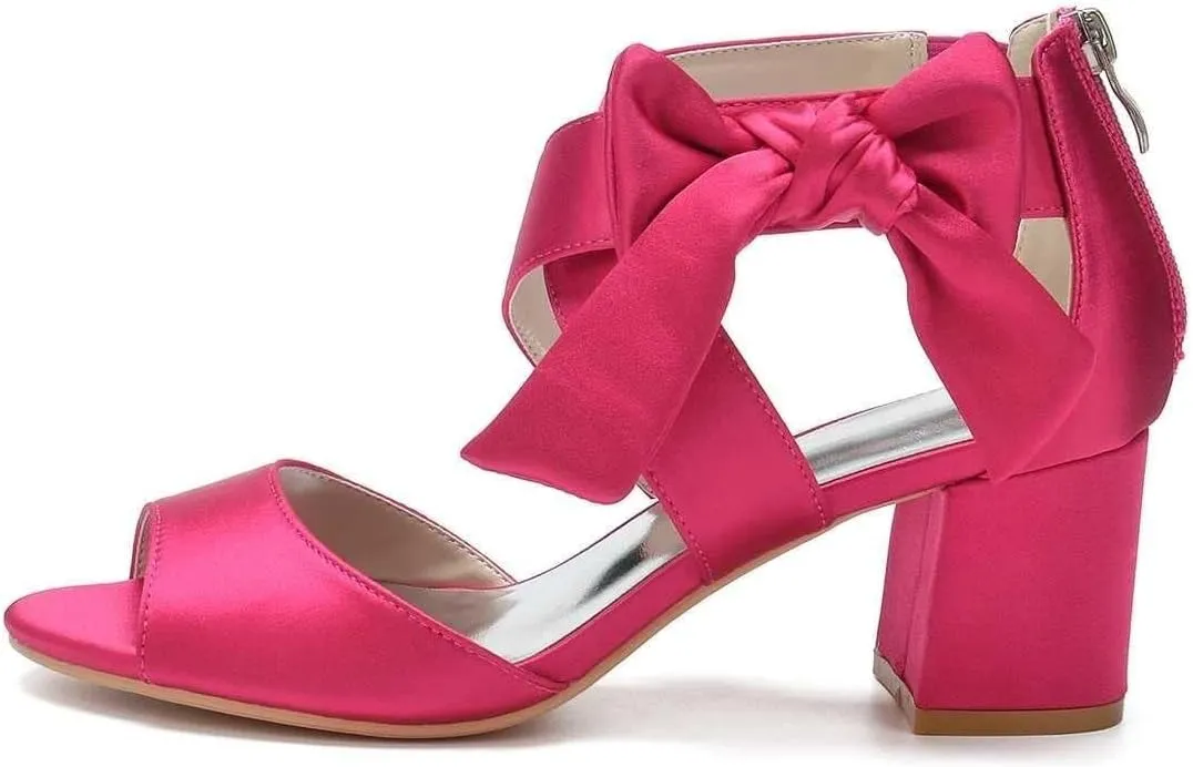 Womens Wedding Shoes Women's Low Block Heel Sandals Satin Bridal Chunky Ankle Strap Zipper Wedding Dress Shoes Low Heel Pump(Blue,7)
