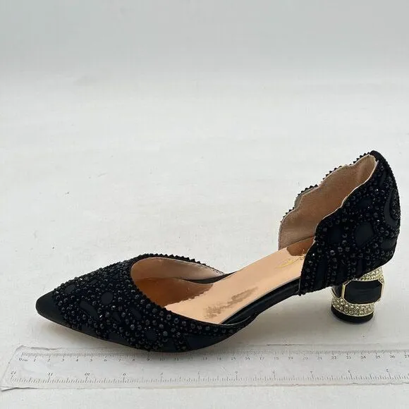 XYD Black Elegant Pointed Toe D'Orsay Crystal Chunky Low Heel Rhinestone Pump