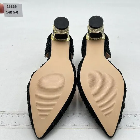 XYD Black Elegant Pointed Toe D'Orsay Crystal Chunky Low Heel Rhinestone Pump