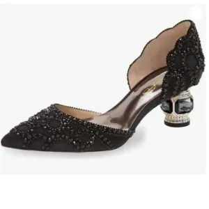 XYD Black Elegant Pointed Toe D'Orsay Crystal Chunky Low Heel Rhinestone Pump