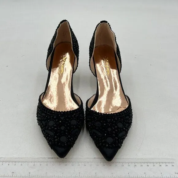 XYD Black Elegant Pointed Toe D'Orsay Crystal Chunky Low Heel Rhinestone Pump