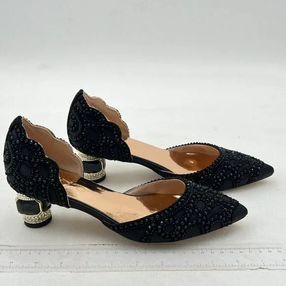 XYD Black Elegant Pointed Toe D'Orsay Crystal Chunky Low Heel Rhinestone Pump