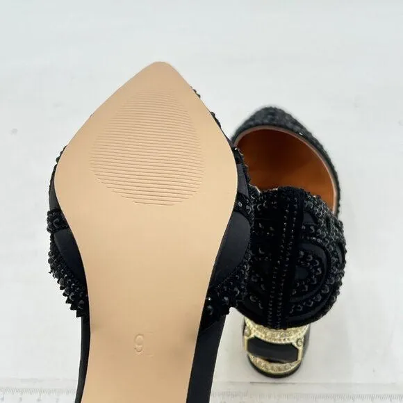 XYD Black Elegant Pointed Toe D'Orsay Crystal Chunky Low Heel Rhinestone Pump