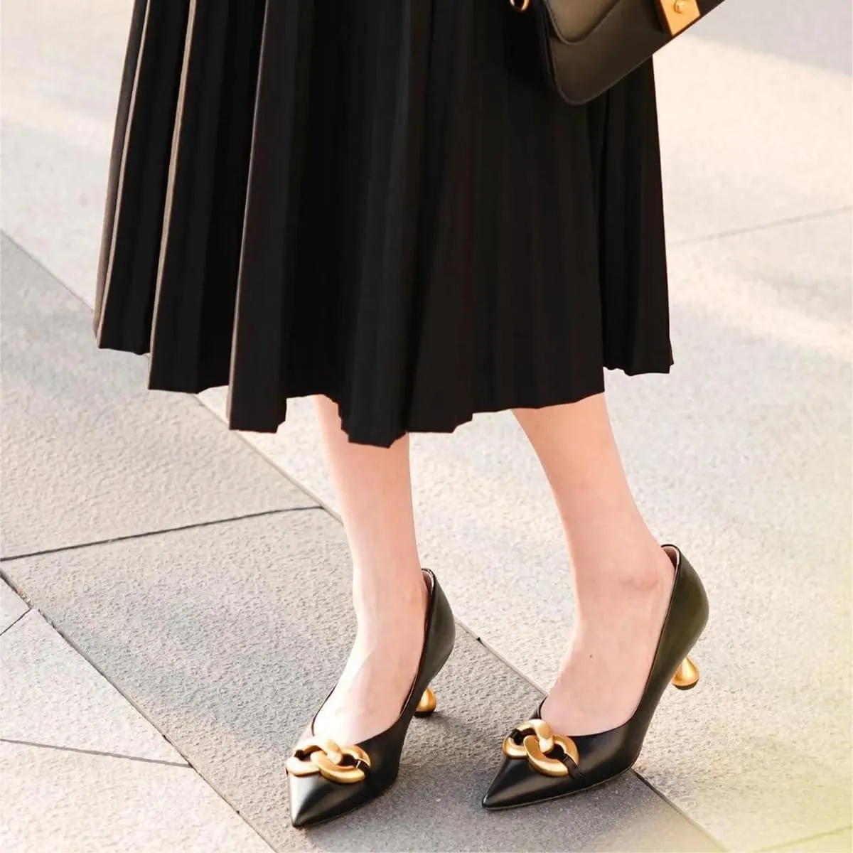 XYD Low Heel Closed Pointed Toe Pumps with Metal Chain Solid Golden Heeled Shoes for Women Slip On Professional Lady Formal