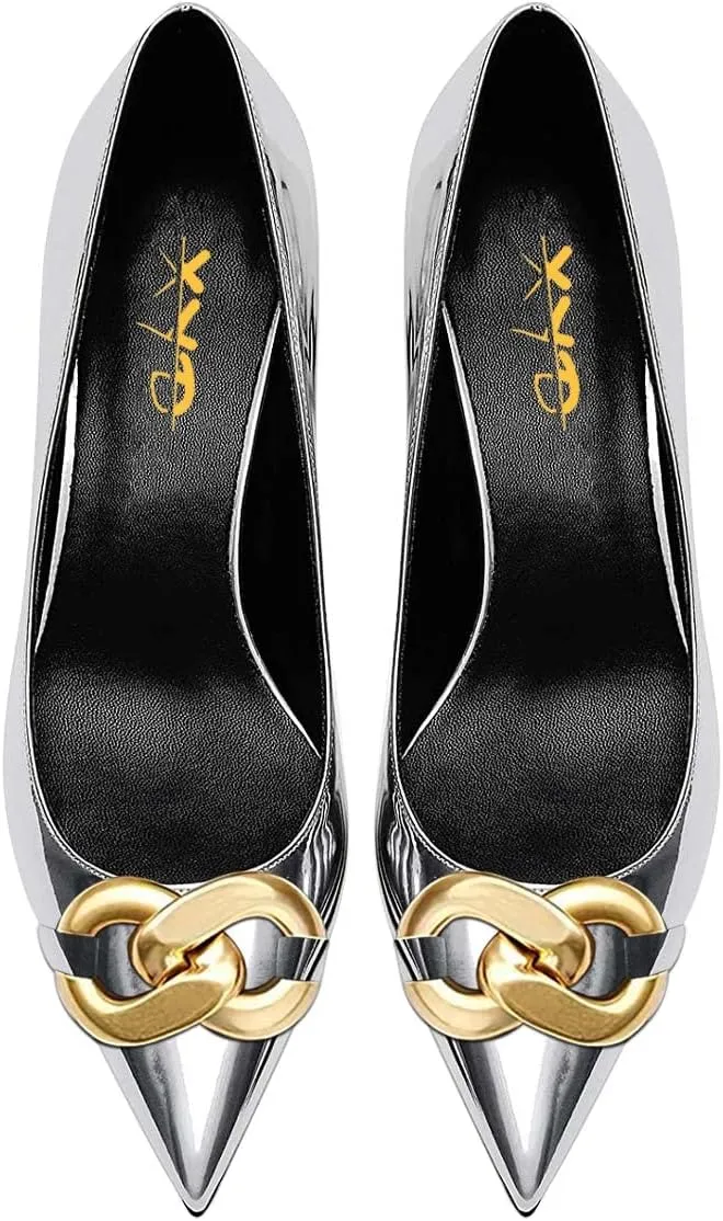 XYD Low Heel Closed Pointed Toe Pumps with Metal Chain Solid Golden Heeled Shoes for Women Slip On Professional Lady Formal