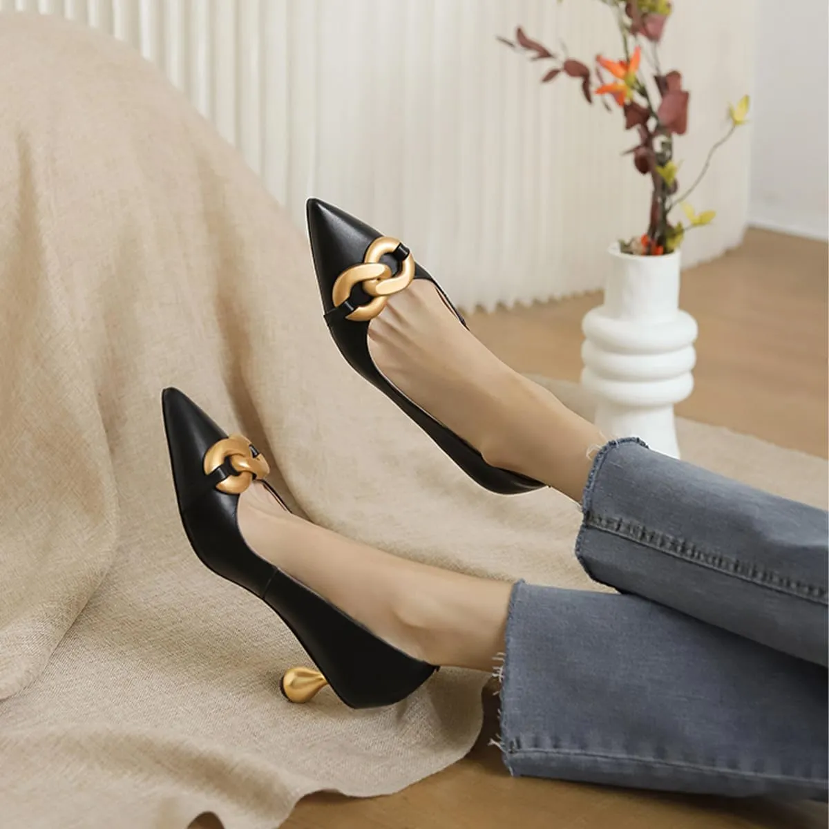 XYD Low Heel Closed Pointed Toe Pumps with Metal Chain Solid Golden Heeled Shoes for Women Slip On Professional Lady Formal