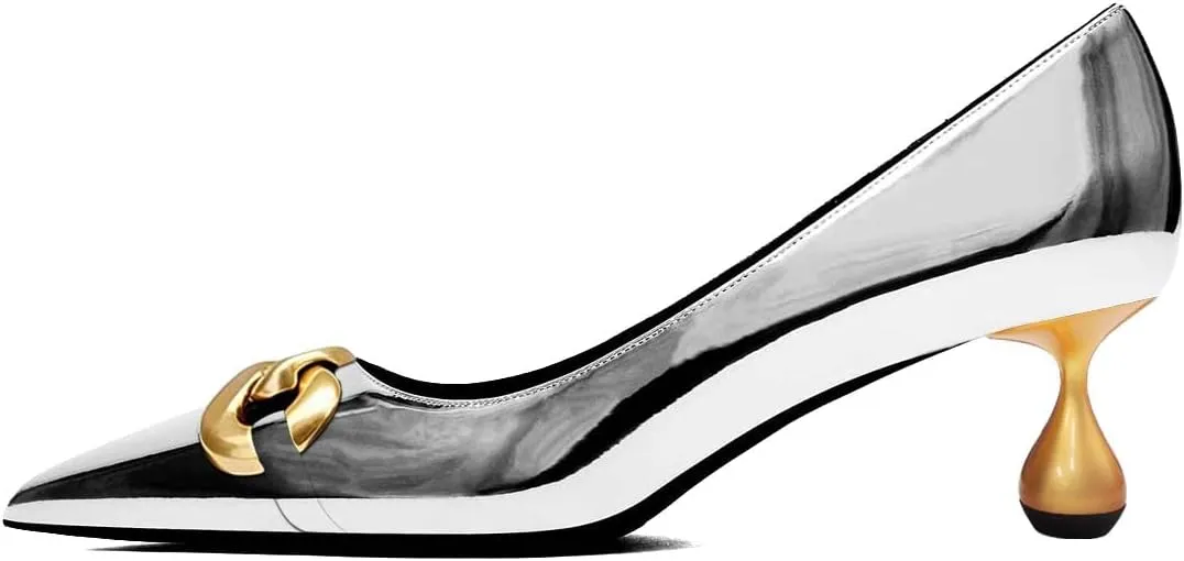 XYD Low Heel Closed Pointed Toe Pumps with Metal Chain Solid Golden Heeled Shoes for Women Slip On Professional Lady Formal