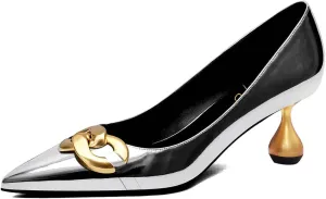 XYD Low Heel Closed Pointed Toe Pumps with Metal Chain Solid Golden Heeled Shoes for Women Slip On Professional Lady Formal